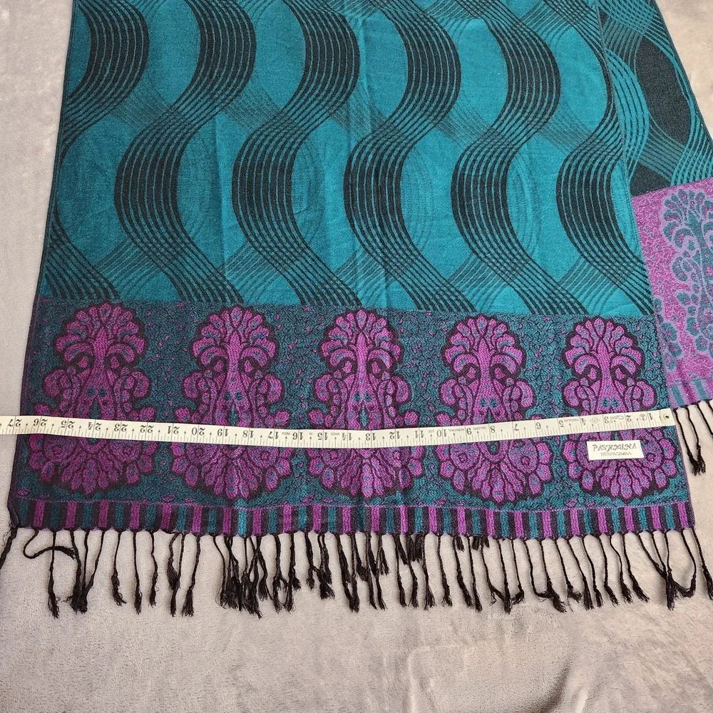 100% Pashmina Shawl Scarf Teal Purple Paisley Wave Pattern Fringed Festival Rave